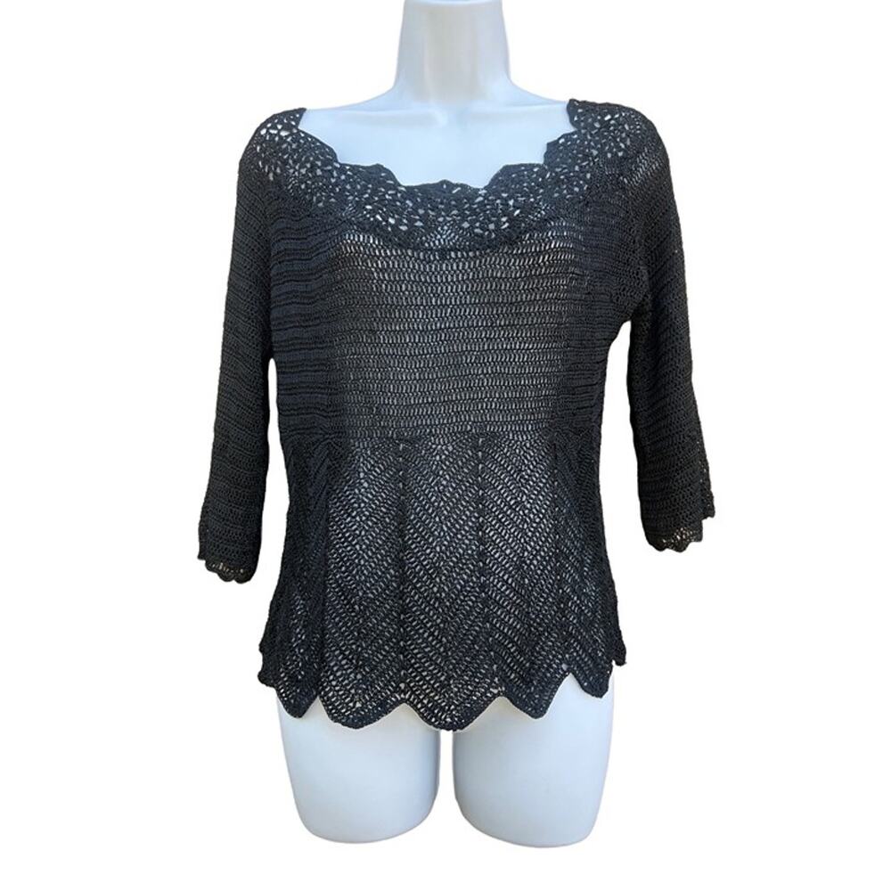 NWT Bette Sung Black Crochet Sweater Womens Size Medium Open Knit Casual Top